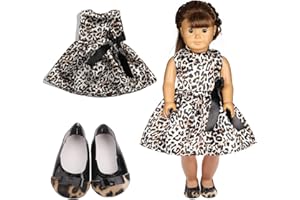 Veroda Leopard Dots Printed Dress with Black Bow-knot Shoes Clothes Footwear Set for 18 inch American Girl Dolls Our Generation
