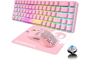 KUIYN Tastiera da Gioco Meccanica Compatta al 60% 18 luci RGB Cablate Tipo C 68 Tasti + Mouse da Gioco Ottico a Nido d'ape 6400 DPI + di Tappetini per Mouse, per PC/laptop/Mac (Rosa/Blu Interruttore)