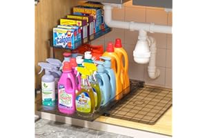 Fowooyeen Organizador bajo Fregadero Deslizable, Organizador Cocina 2 Paquetes, Estantes de Almacenamiento Extraíbles debajo Fregadero con Bandeja de Agua, para Almacenar Artículos de Limpieza, Gris