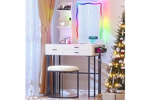 ‎FIGBIRD Figbird Schminktisch mit Spiegel, RGB LED Schminktisch mit Beleuchtung Hocker Schubladen Glasplatte 3 Schubladen Schminken Tisch, Frisiertisch für Schlafzimmer Wohnzimmer Make Up Table Schwarz Weiß