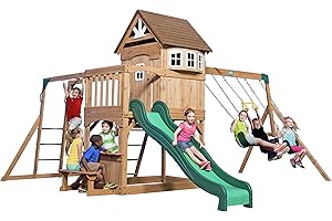 Backyard Discovery Montpelier 100% Cedar Wood Swing Set | Outdoor Playground for Kids | Garden Climbing Frame for Children | 1 Trapeze and 2 Belt Swings | 2.4m Wave Slide | Moneky Bars