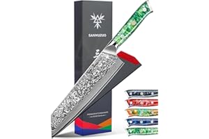 SANMUZUO Couteau Kiritsuke de 22cm - Couteau de Chef en Damas - Japonais en Acier de Damas 67 Couches Couteau de Cuisine - Manche en Résine (Vert Jade) - Xuan Série