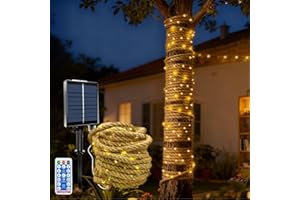 MEDOYOH 10M Solar Rope Fairy Light of 200 LED, Solar Hemp Rope String Lights with 8 Lighting Modes, Dimming Adjust Timer Waterproof for Garden Patio Balcony Swing Trunk Decor