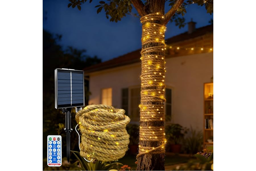 MEDOYOH 10M Solar Rope Fairy Light of 200 LED, Solar Hemp Rope String Lights with 8 Lighting Modes, Dimming Adjust Timer Waterproof for Garden Patio Balcony Swing Trunk Decor