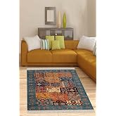 Pelangi Kırkyama Patchwork Kilim Desenli Etnik Dijital Baskı Yıkanabilir Modern Salon Halı Ve Yolluk, Petrol-Turuncu 160 x 23