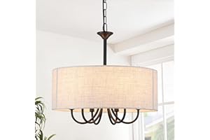 ‎LWYTJO LWYTJO Weiß Pendelleuchte Stoffschirm, Hängelampe Lampenschirm 6 Flammig, E14 Deckenlampe Schlafzimmer Hängend Metall für Esstisch, Wohnzimmer, Küche(Schwarz, Ø 46cm)