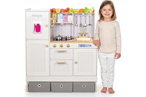 Kinderplay Green Series Cucina Giocattolo in Legno per Bambini – Altezza Regolabile 89–103 cm – Luci LED e Suoni – Accessori da Cucina Inclusi – Stile Vintage Bianco