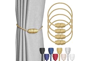 Pretty Jolly 4 Pack Strong Magnetic Curtain Tiebacks Handmade Weave Side Rope Curtain Holdbacks Unique & Elegant Decorative Curtain Drape Tie Backs for Home & Office Window Drapery (Gold)