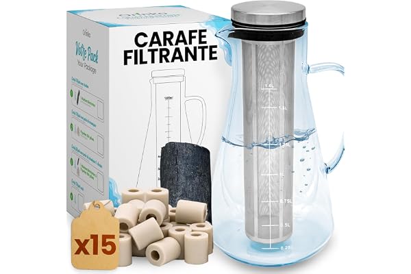 Kit de Purification d'eau : Binchotan de Kishu 40g + 15 Perles de Céramique EM avec Carafe Filtrante 1,6L | Charbon Actif Japonais & Perles de Céramique pour Purification d'eau