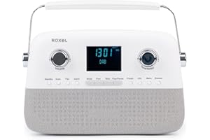 Roxel Retro D2 DAB and FM Radio – 5W Wireless BT Speaker, USB Playback, AUX, Alarm Clock, 30 Preset Stations, Portable Design, Rechargeable Battery, Telescopic Antenna, LCD Display (White)