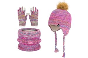 QKURT 3 in 1 Kinder Wintermütze Schal Handschuhe Set, Warme Wintermütze Beanie Touchscreen Handschuhe Runder Schal Set für Kinder Mädchen 4-10 Jahre