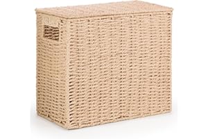EHC Multi-Purpose Handwoven Slimline Paper Rope Bathroom Storage Unit, Toilet Roll Paper Cabinet, Compact Storage Box, Multi-Purpose Cleaning Caddy With Inbuilt Handles & Lid, Khaki, 35 x 18 x 30 cm
