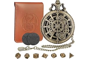 LKKCHER DESIGN Mini DND Dice Set with Bronze Steampunk Hollow Gear Pocket Watch Shell Case, D&D Gifts with Dice Bag, 7pcs Polyhedral Metal D&D Dice Set, DND Starter Set, Role Playing Board Games Accessories