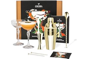 Cocora Set Martini | Set à Cocktail de 8 pièces | Shaker à Cocktail en Acier Inoxydable | Verres à Martini Coupés | Kit Barman | Livre de Cocktails (10+ Recettes) | Emballage Cadeau de Luxe (Gold)