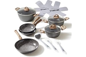 ‎STONELINE STONELINE Ceramic Topfset für Induktion geeignet, 14 teilig, Kochgeschirr Set mit Glasdeckel, Töpfe und Pfannen mit Keramik Antihaftbeschichtung und echten Steinpartikeln, Holzoptik