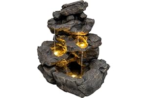 MONSTER SHOP Fontana Cascata da Esterno in Poliresina Grigia con 3 Luci LED Bianche Calde, Pompa Elettrica, Cavo da 7m – Rustic Rapids + Spazzola per Pulizia Inclusa