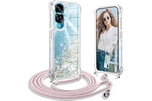 Ptny Coque avec Cordon Compatible avec Honor 90 Lite, Housse Paillette Liquide Paillette Filles Antichoc TPU Silicone Case, Réglable Smartphone Collier Etui avec Lanière