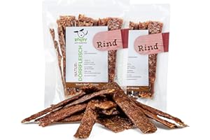 ROQSY Natur-Dörrfleisch 100% RIND Trockenfleisch für Hunde 200g/2x100g Kauartikel auch für Welpen, getreidefrei, Jerky, Hundesnack, Kaustreifen, Leckerli, Barf-fähig