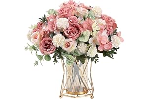 HNVNER 2 Bunches Artificial Roses Peonies Pink Artificial Flowers, Fake Peonies Faux Hydrangea Silk Flower Bouquet for Home Wedding Party Decoration Arrangement