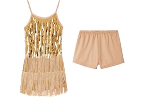 LOLANTA Girls Sequin Fringe Dance Costume, Kids Salsa Rumba Latin Dancing Clothes Set, Sparkling Sleeveless Tassel Dance Mini Dress with Shorts