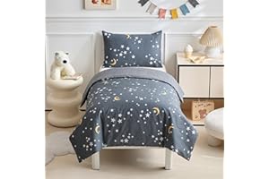 DuShow Cotton Cot Bed Duvet Cover Set,Gray Moon Toddler Duvet And Pillow Set For Boys,Reversible Junior Toddler Bedding Set Moon-120 x 150 cm
