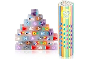 Runxin 64Pcs Matite con Gomma Bambini,32 Gomme Cancellare Bambini Divertenti & 32 Matite Bambini Adatta Regalini Fine Festa Compleanno,Gadget Compleanno Bambini