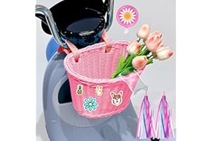 POWZOO Panier à vélo pour enfants, panier amovible en rotin avec bandoulière en cuir, avec clochettes et serpentins, autocollants, accessoires pour panier de vélo, panier avant pour garçons, filles