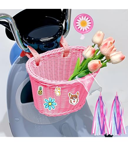 Panier Pour Velo Décoration Vélo Rétro AolKee Panier Vélo Enfant Osier Vintage - Sangle Guidon Réglable, Rose, 21x14x15 Cm - Pour Fille, Garçon Corbeille Guidon Vintage Panier Velo Avant