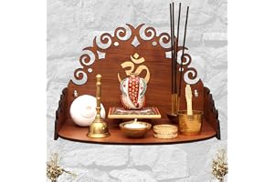 Heartily : Floral 2 Wall Mounted Wooden Home Pooja Temple Mandir Puja Room Items Stand Home Decor Office Chowki Shelf Hanging Product (Height- 8.5, Length- 12 , Width-8.85 Inch) (Brown)