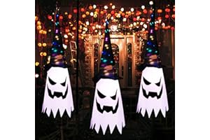 CHAOHUA 3 Stück Halloween Deko Outdoor, 80CM Halloween Geist Dekoration Garten mit Hexenhut, Halloween Lichterkette Fliegende Geisterhüte mit 14 LED Lichtern für Party Horror Terrasse Baum Veranda Deko