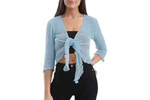 Love My Fashions Camicetta per Donna a Rete Lavorata a Maglia Corta con Allacciatura Coprispalle, Manica a 3/4 Cardigan Elasticizzato Camicetta Leggera