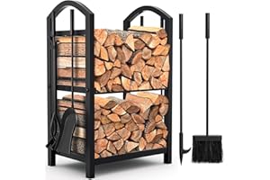 AMAGABELI GARDEN & HOME Range-bûches d’intérieur avec 4 outils : pelle, balai, tisonnier et pince, en fer forgé, noir, 40 x 75 x 30 cm