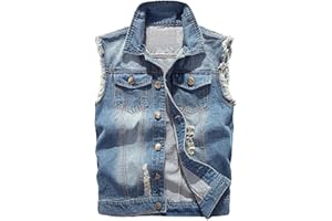 Momooda Chaleco Vaquero Rasgado de Algodón para Hombre, Denim Vest, Chaleco Informal Desgastado Sin Mangas