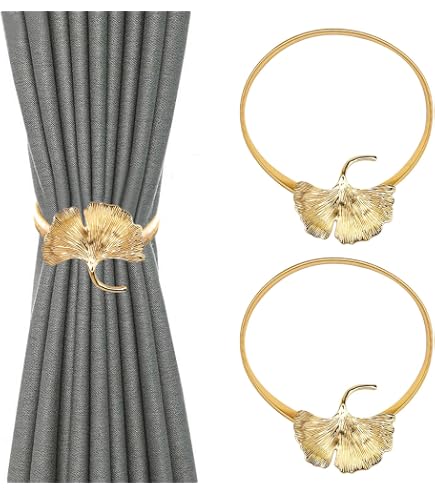 2 Fermatenda In Metallo Con Foglia D'Oro - Cravatte Decorative A Molla Per Tende, Design Intagliato, Fissaggio Facile Senza Fori, Lunghezza Regolabile 44 Cm