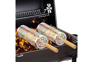 Lvelfe 2PCS Rolling BBQ Basket with Handle (9.4" x 3.9") Nesting Grill Tools, Barbecue Accessories, Grill Baskets for Outdoor Grill and camping,veggies, shrimp, chicken,304 Stainless Steel