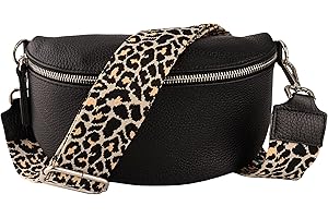 MIRROSI® Bauchtasche Damen, Echtleder, Made in Italy, Umhängetasche, Brusttasche, Crossbody Bag (1 Tasche & 2 Gurte) (Schwarz (Leo Schwarz), Mittelgroße Tasche (25x16x7cm))
