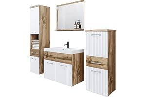 PIASKI Conjunto de Muebles de baño Alba, Juego de Muebles de baño, Lavabo Incluido, Muebles de baño Colgantes, Distintos Colores (Wotan/Blanco Ondulado)