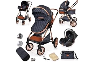 LIBREBON Baby Pram Pushchair Buggy with Car Seat Lightweight Stroller Folding Strollers 3 in1 Travel System Baby Trolley Pram for Newborns Toddlers from Birth (Blue Denim - Rose Gold Frame)