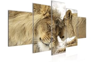Runa Art - Tableau Les Lions Amour 200 x 100 cm 5 Parties XXL Decoration Murale Dessin Beige 002151a