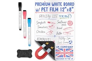 Magnetic Dry Erase Whiteboard Sheet for Fridge - A4 / 12x8 / 30x20cm - Stain-Resistant with 3 Markers & Big Eraser with Magnets - Small Refrigerator White Board Planner & Organiser - by Yes4Quality