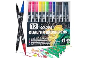 AKARUED Dual Tip Brush Pens: Felt Tip Pen Set 12 Colors Colouring Pens Art Markers for Kids and Adults Colouring Book, Art Supplies Fineliner Tip Brush Marker for Drawing Sketching