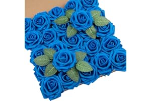 DuHouse 25Pcs Artificial Roses Flowers Fake Rose with Stems Real Touch Foam Flower Head for DIY Wedding Bridal Bouquet Baby Shower Centerpiece Floral Arrangement Party Home Decor(Royal Blue)