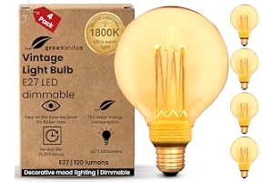 greenandco 4x E27 LED Lampa Vintage dimbar G95 Bärnsten 3.5W 120lm 1800K | LED Glödlampa E27 dimbar, extra varmvitt, 320° Strålvinkel, 230V, Flimmerfri