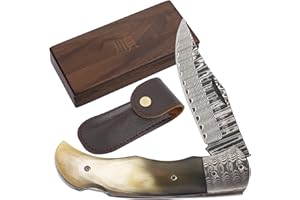 YOUSUNLONG Couteau de Poche Pliable à Motif Damas - Lame en Acier Damas - Manche en Corne de Taureau