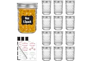 Yishik 8 oz Mason Jars with Silver Lids,12 Pack Glass Canning Jars 240ml Crystal Jelly Jars for Honey,Jam Preserving,Baby Foods,Party&Wedding Favors