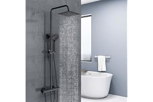 Biubiubath colonne de douche thermostatique avec mitigeur thermostatique, douchette à main trois fonctions,noir,colonne de douche réglable en hauteur 735-1170 mm (carré 2)