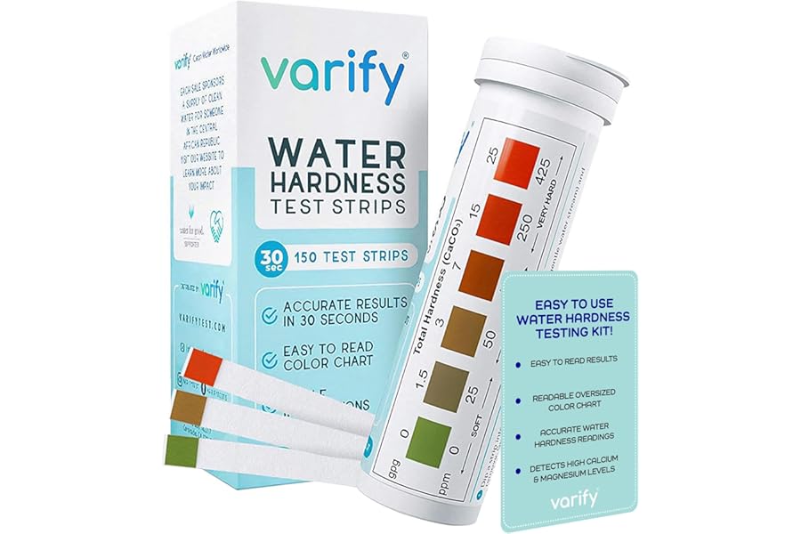 Varify Water Hardness Test Kit - Water Testing Kit for Home, Drinking, Well, Spa, Swimming Pool, Softener, Dishwasher & More - Hard Water Test Strips for Calcium, Magnesium etc (0-425 pmm, 150 Strips)