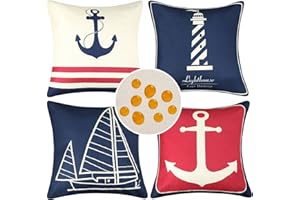 HomeStilez Fundas Cojines Exterior Impermeables 45x45 cm Náutico Azul Marino Ancla Faro Velero Fundas para Almohadas de Lino Funda Cojin Decorativo para Sofa Coche Cama Silla Juego de 4