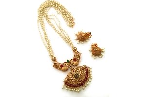Sasitrends Traditional Gold Plated White Pearl Chain Pendant Necklace Stone-Studded Jewellery Set for Women & Girls-20 Inches