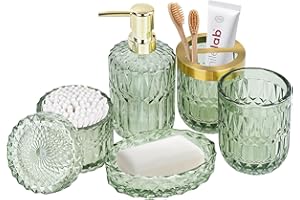 AUTUMNDEER 5pcs Glass Bathroom Accessories Set, Bathroom Accessories Complete Set, Soap Dispenser, Toothbrush Holder, Soap Dish, Tumbler, Cotton Swab Jar, Modern Bathroom Decor, Bathroom Accessory Set Green